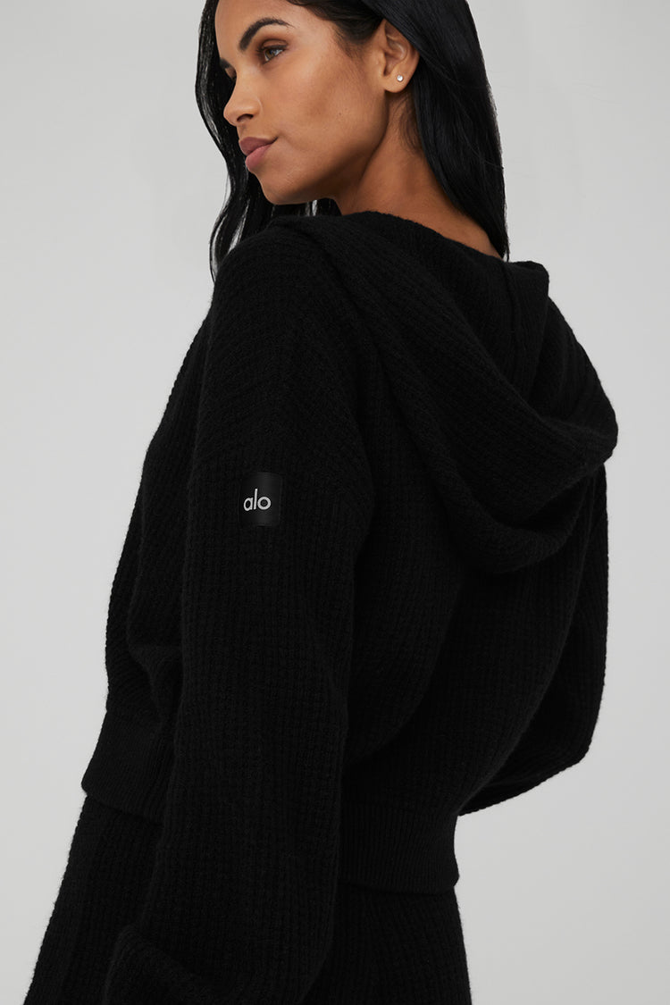 ALO Women's Yoga Solid Black Full Zip Flurry Sherpa Hoodie Jacket  Thumbholes Med