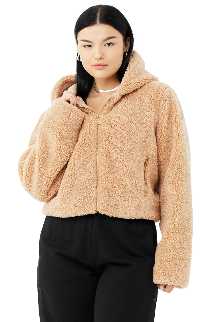 ALO Yoga Womens Foxy Sherpa Jacket Coat Full Zip Hooded Camel Tan