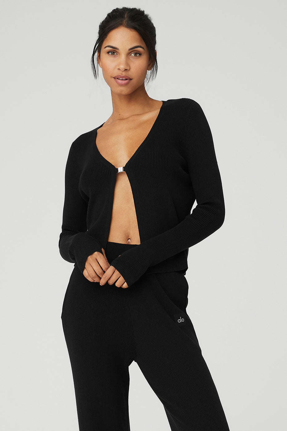 alo Cropped Escalate Wrap Top in Black