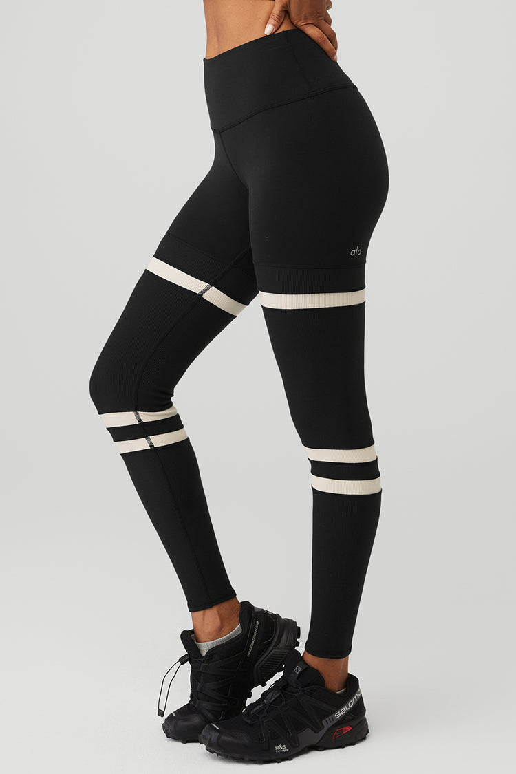 Alo Yoga Womens Black Side Logo Striped High-Waist - Depop