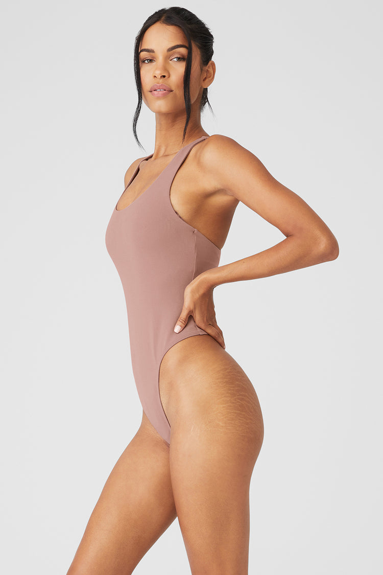 Alo Yoga keep it sleek ribbed bodysuit long sleeve jumpsuit Brown