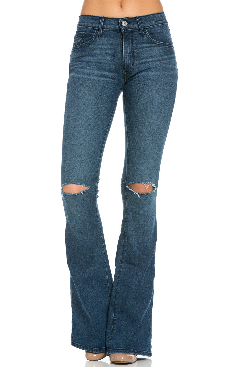 PF30015N-D Medium Wash Mid-Rise Faded Knee Slit Flare Jeans | O2 Denim