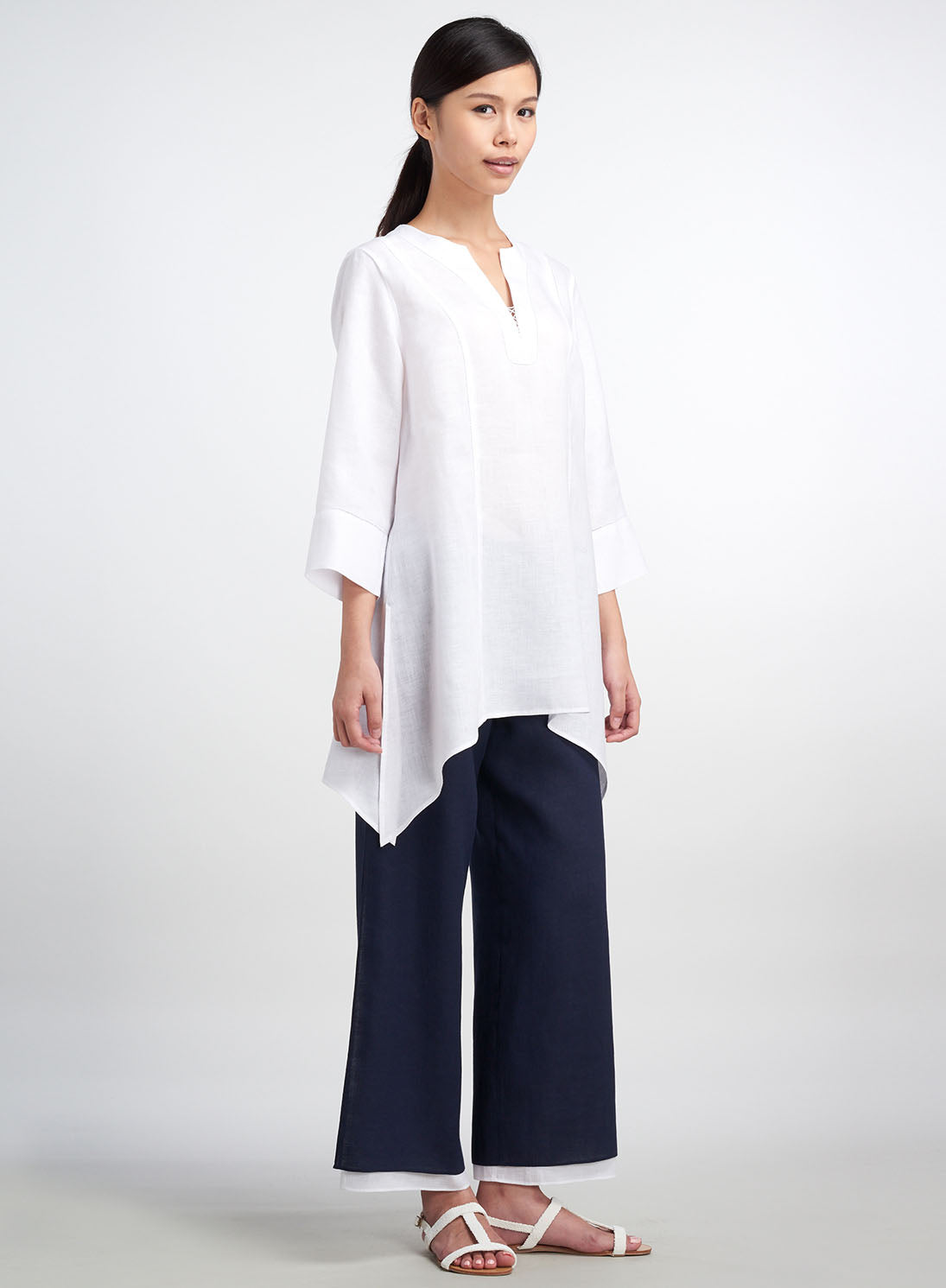 Women's Linen Tunics - Linen Picot Stitch Notch Neck Tunic | ANN G ...