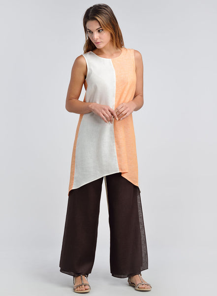Women's Linen Tunic - Linen Button Back Opening Color Block Sleeveless ...
