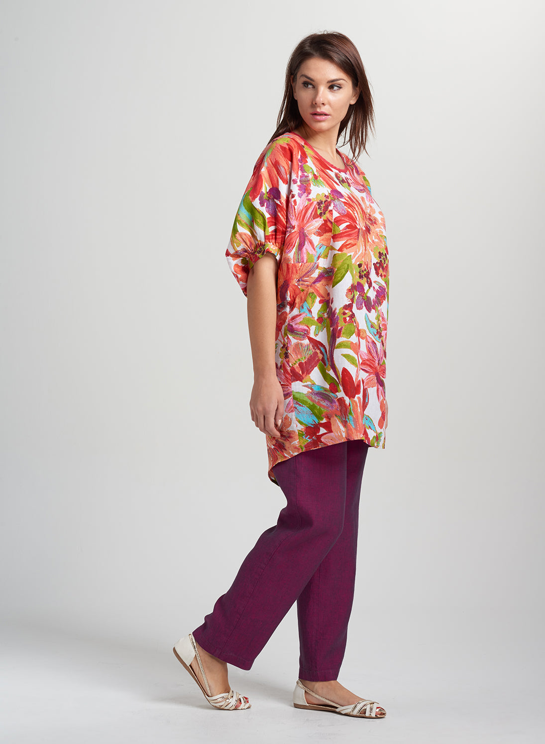 Women's Linen Tunics - Mid-sleeve Saria Linen Color Combo Floral Top ...