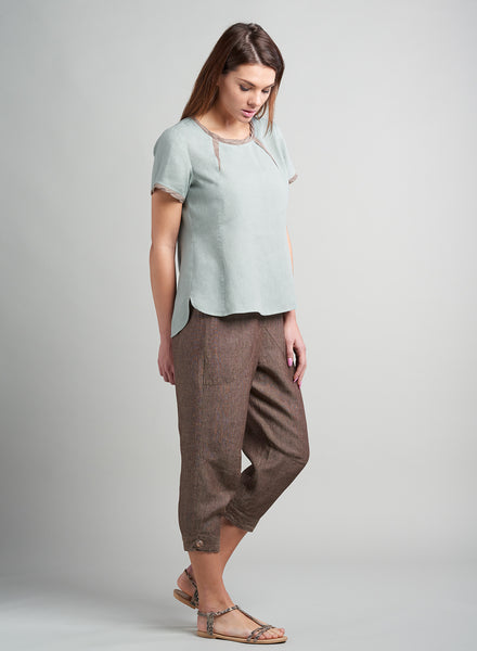Women's Linen Blouse - Linen Jersey Binding Short Sleeve Top – ANN G LINEN