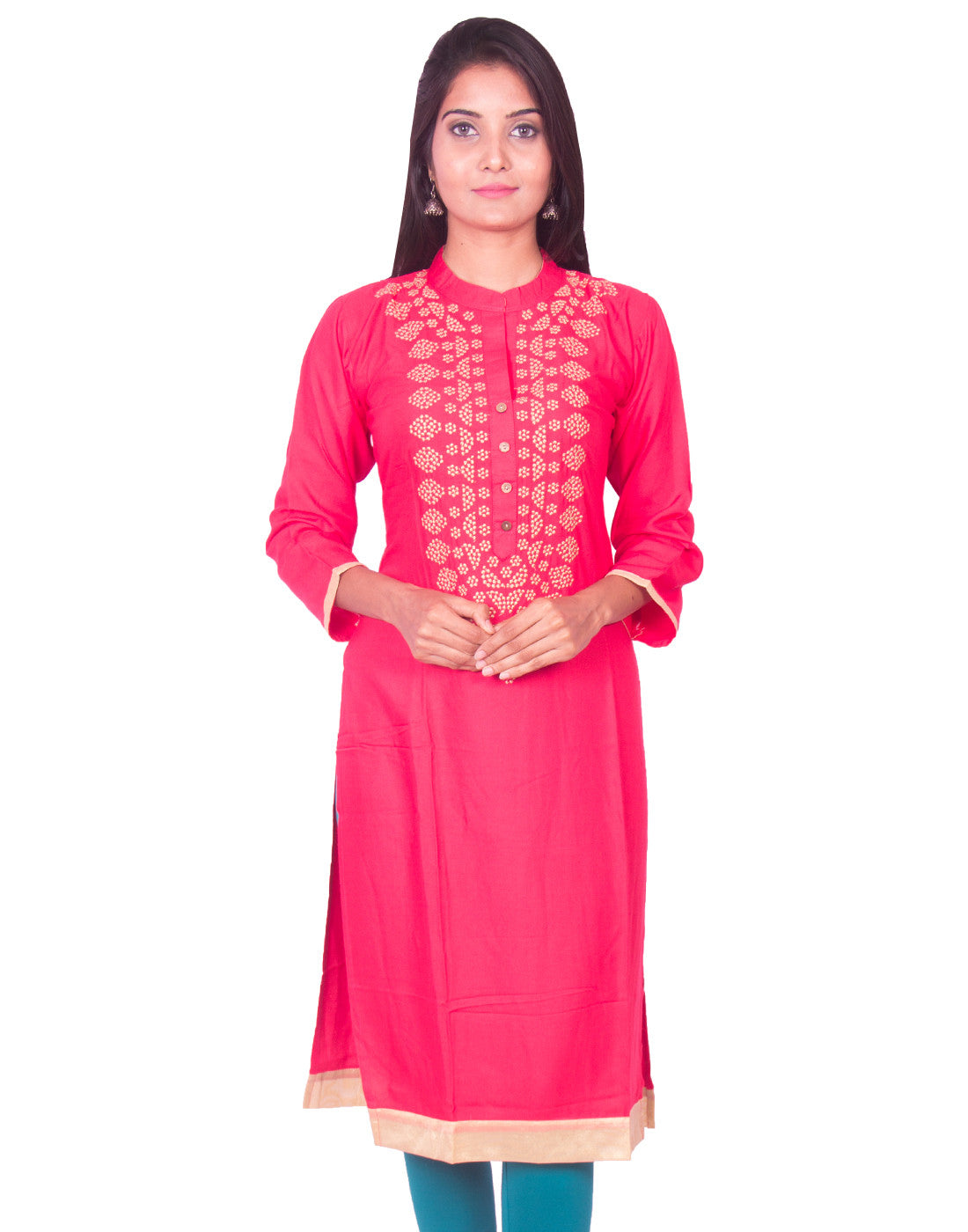 Pink with Ink Blue Embroidered Pure Rayon Straight Cut Kurti from