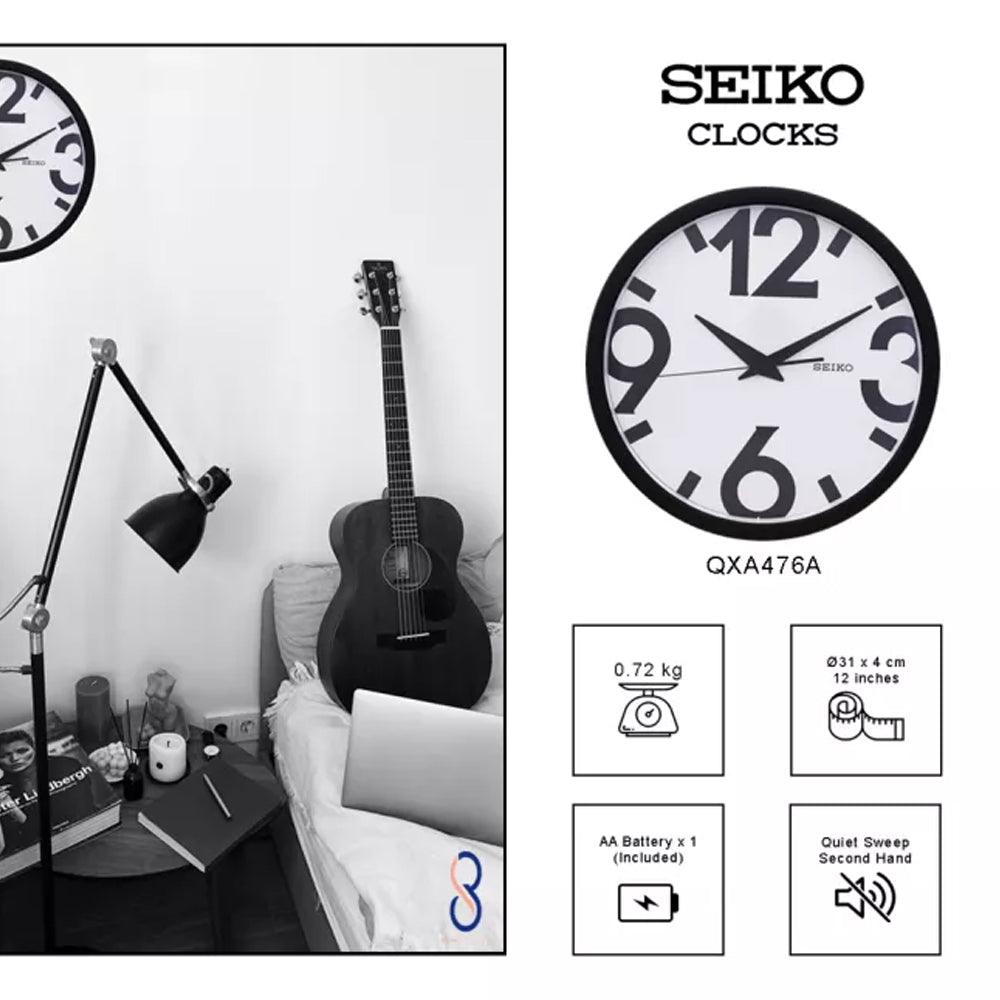 Seiko Black & White Quiet Sweep Hand Wall Clock QXA476T