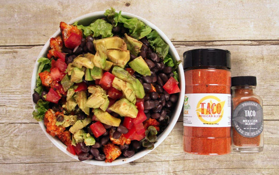 A Tempeh Taco Salad next to a Sampler and a large Sized FreshJax Taco Seasoning