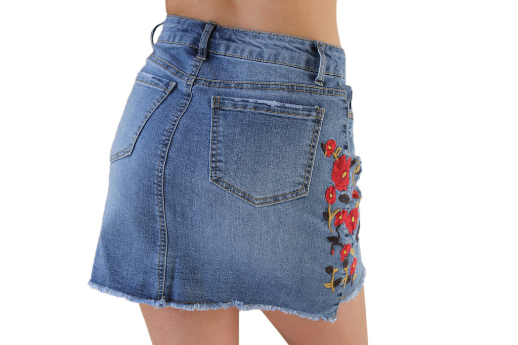Embroidered short Denim Skirt | FashionPosh