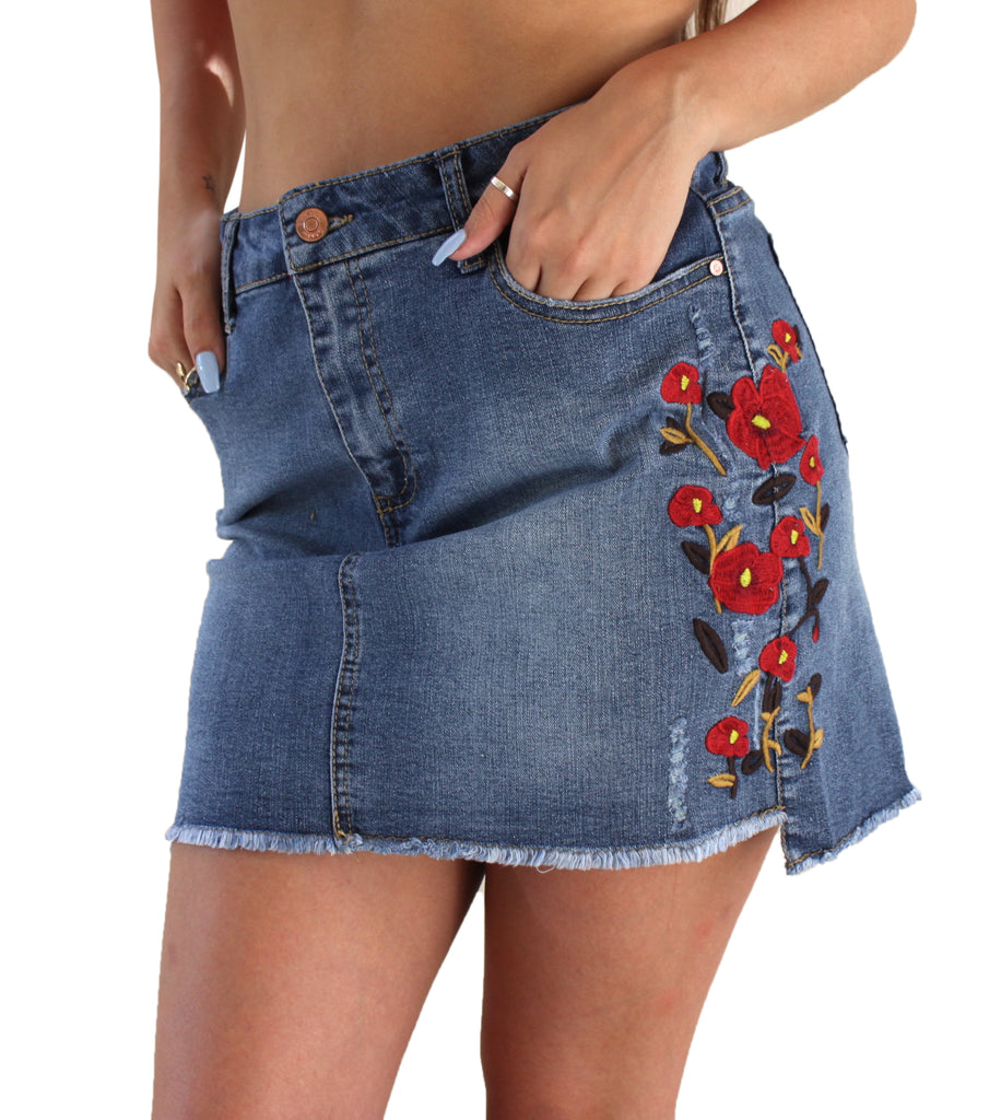 Embroidered short Denim Skirt | FashionPosh