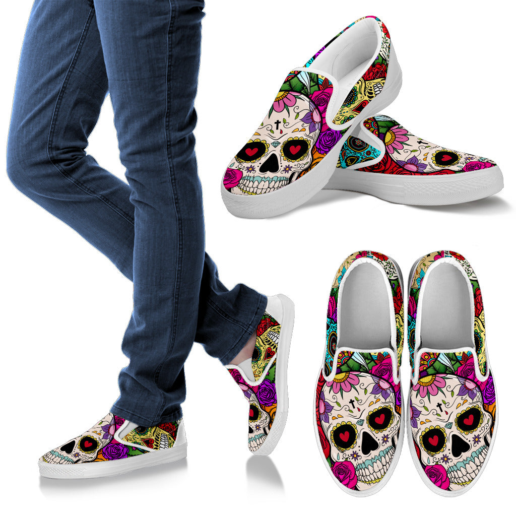 Sugar Skull Men's Slip Ons (White 