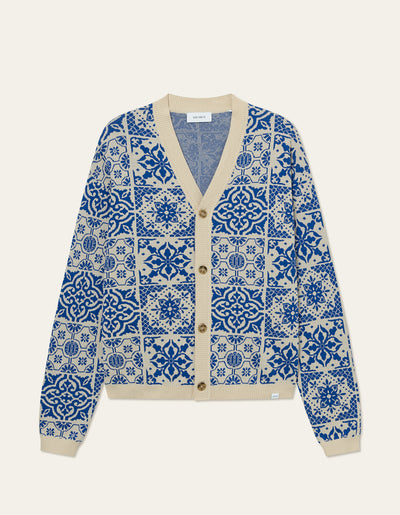 Les Deux MEN Joaquin Jacquard Cardigan Knitwear 218480-Light Ivory/Surf Blue