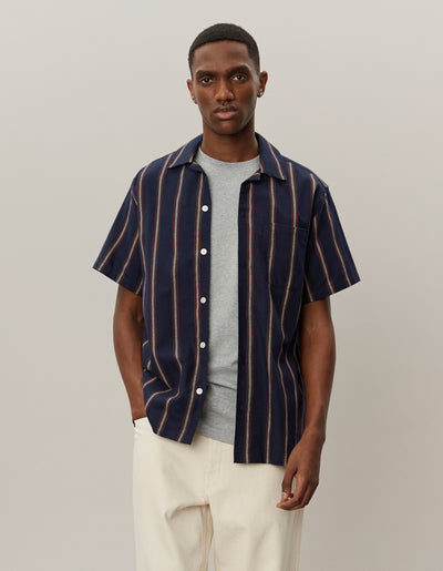 Les Deux MEN Lawson Stripe SS Shirt Shirt 460860-Dark Navy/Light Camel