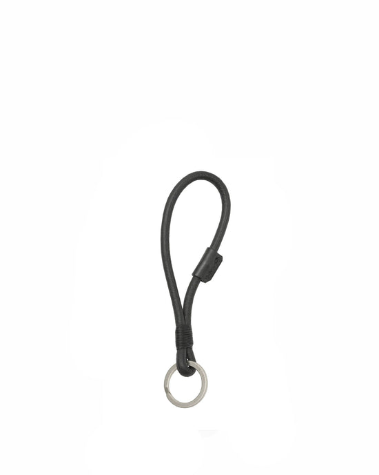 Black Leather Key Ring Holder - White Stitching, Short handle design