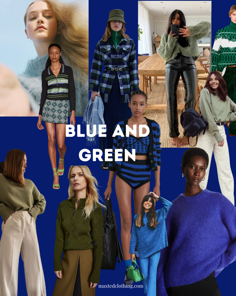 A collage of inspiration for the geen and blue trend