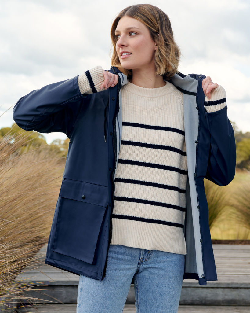 breton stripe jumper and a raincoat