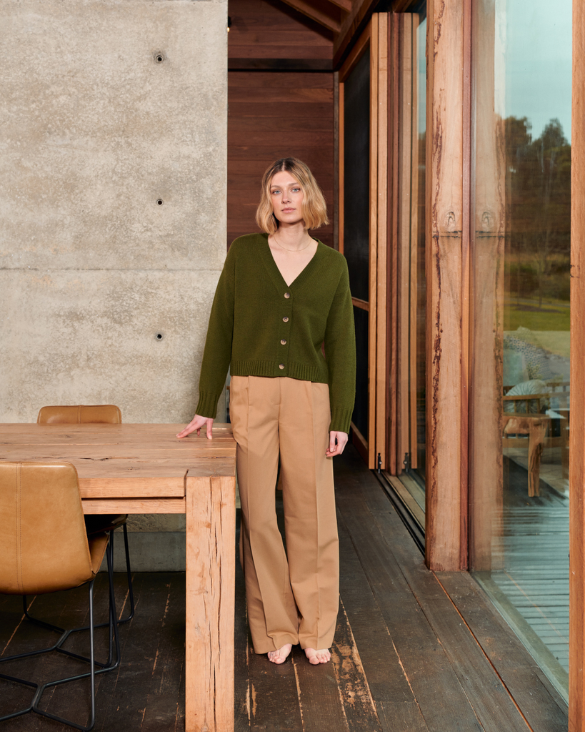 A green knit wool cardigan