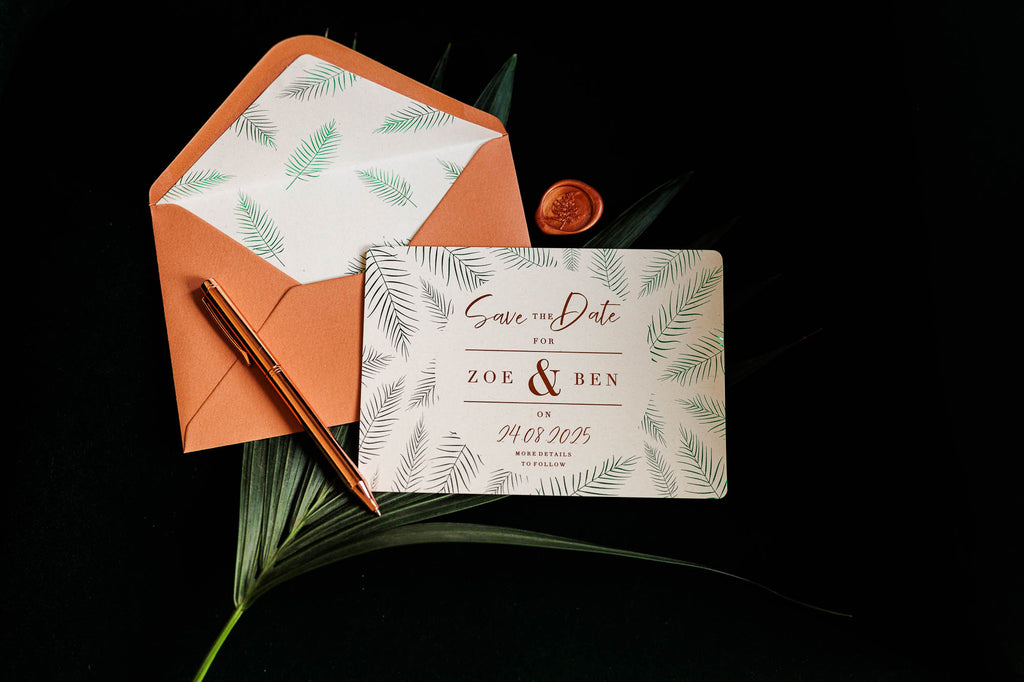fern leaves save the date card for botanical bride to be