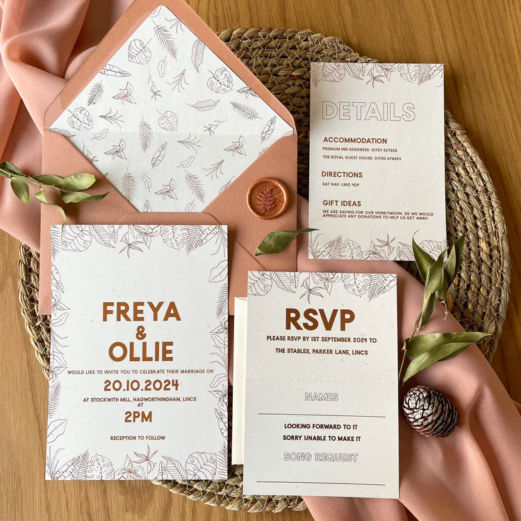 terracotta envelope and invitation tropical leaves