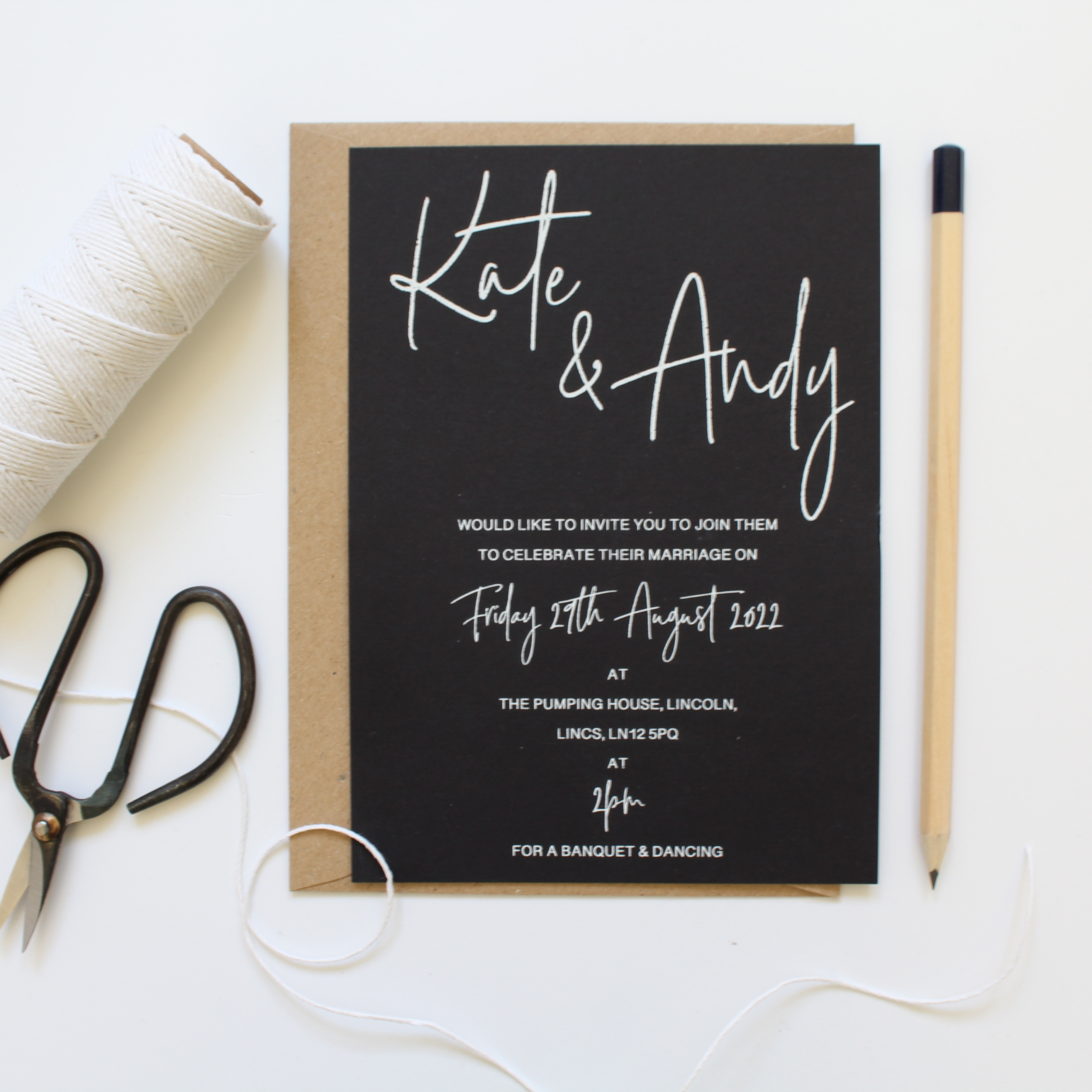 black and white rustic wedding invitation