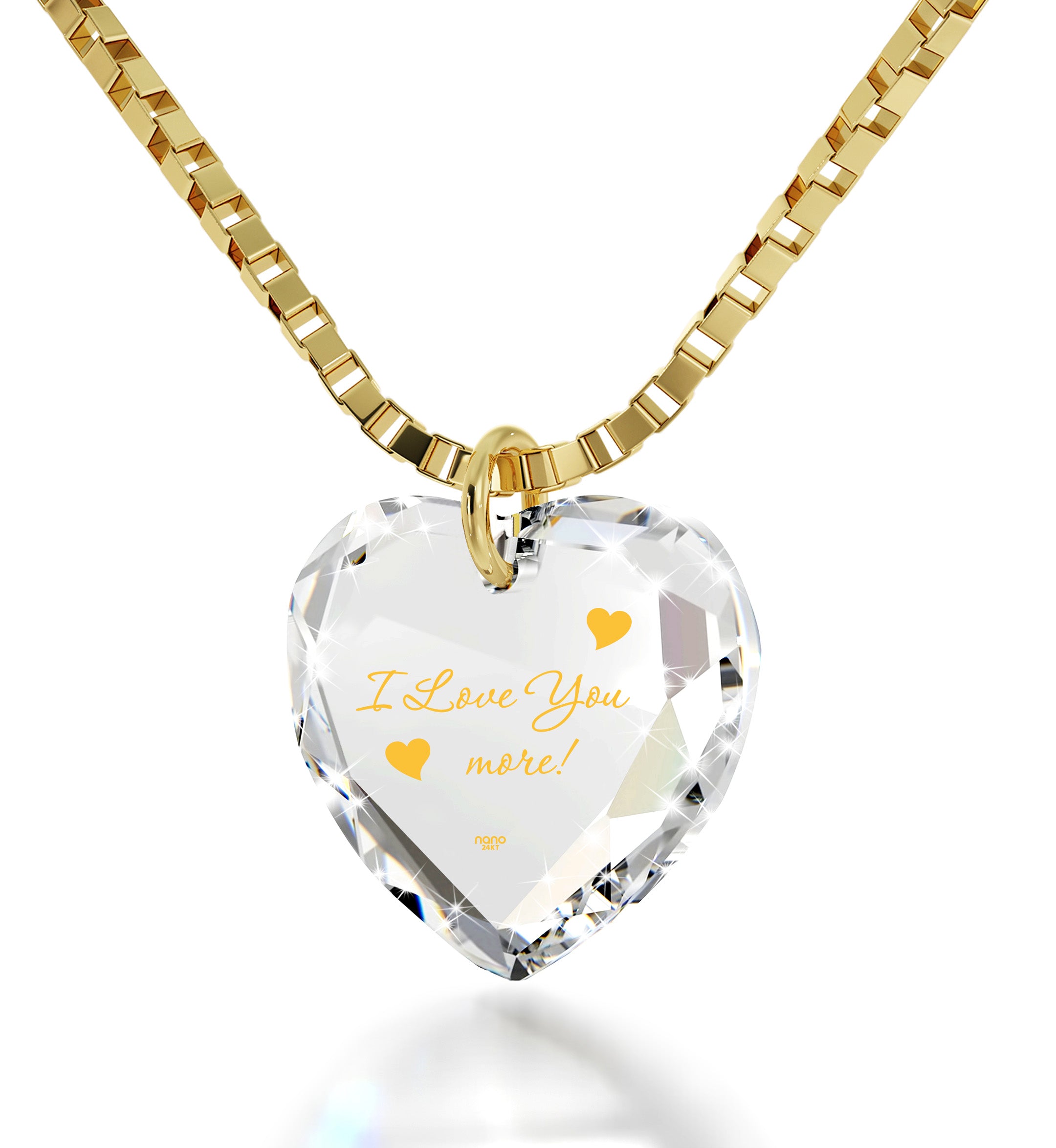 I Love You More Necklace 24k Gold Inscribed Tiny Crystal Swarovski Heart  Pendant