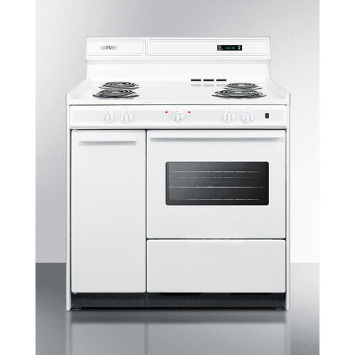 36'' Wide Electric Coil Top Range In White With Storage Compartment, Oven Window, And High Backguard - WEM430KW Summit