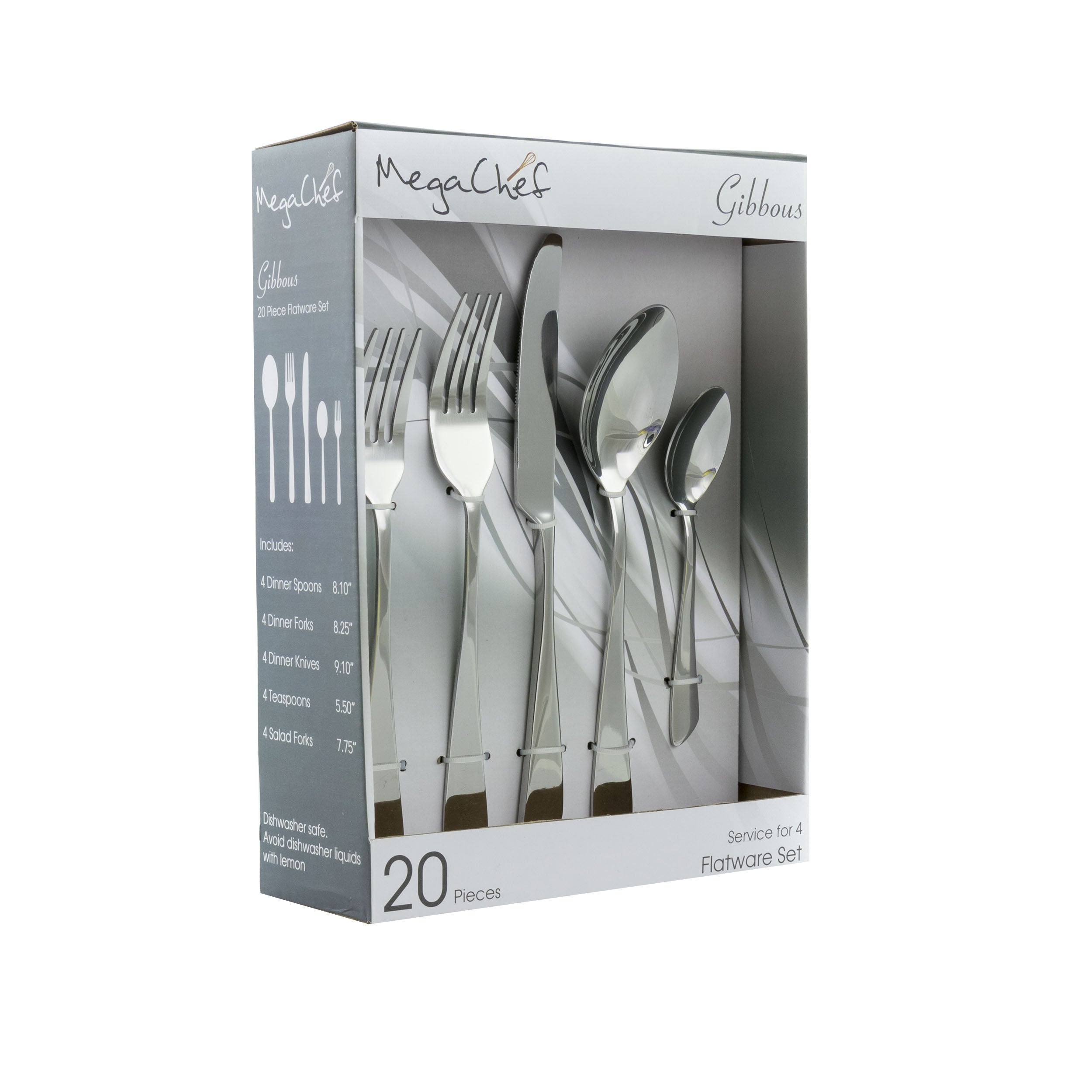 Megachef MegaChef Gibbous 20 Piece Flatware Utensil Set, Stainless Steel Silverware Metal Service for 4 in Silver