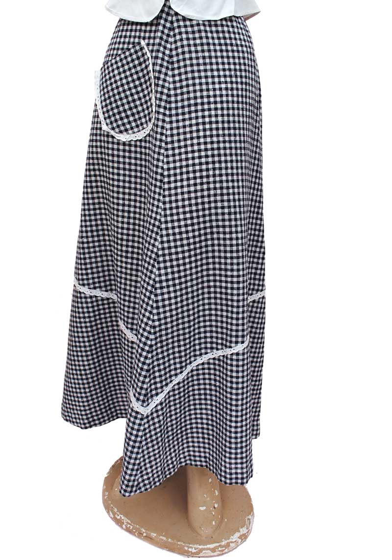 1970s Vintage Blue Gingham Maxi Skirt with Pocket and Lace Trim – Top ...