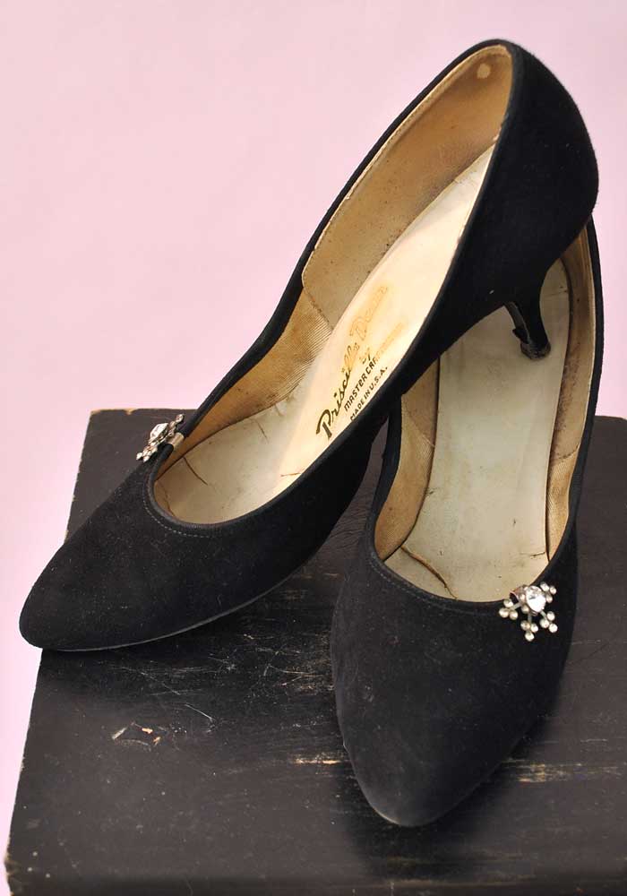 Vintage 60s Black Suede Stiletto Shoes with Sparkly Shoe Clips • Size ...