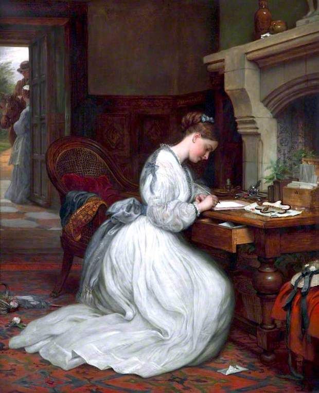 "Yes or No" by Charles West Cope, 1873 Victorian art painting woman writing letter