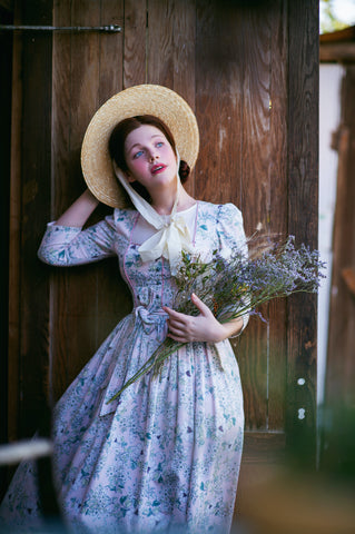 Rebecca Lord, vintage style blogger; Jane Austen inspired scene with English garden flowers, English cottage style