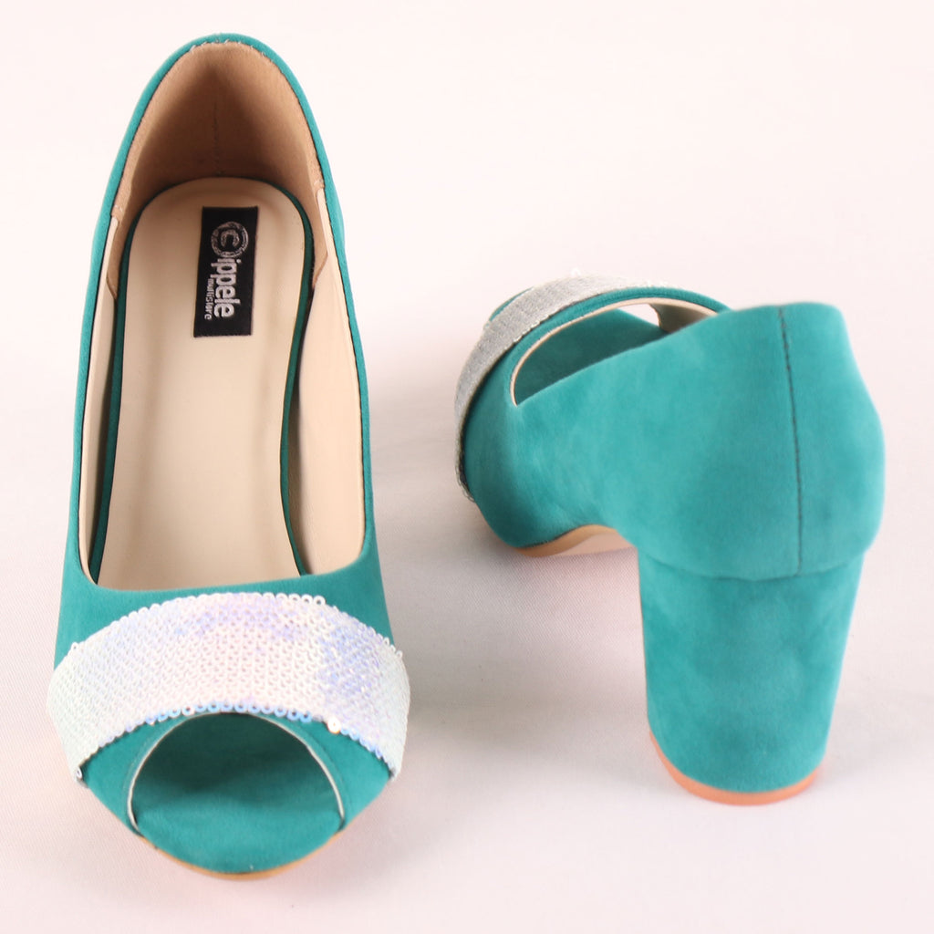 green suede block heels