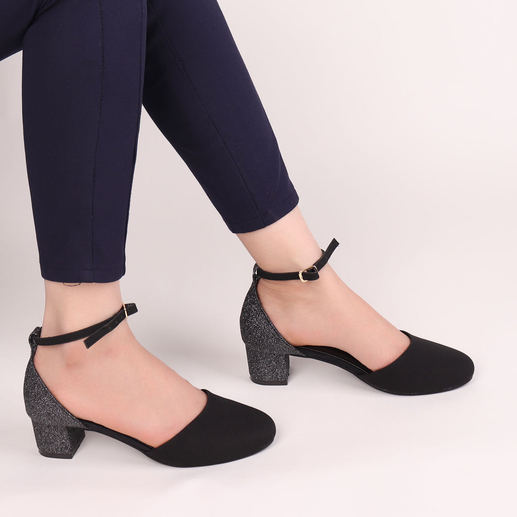 black glitter block heels