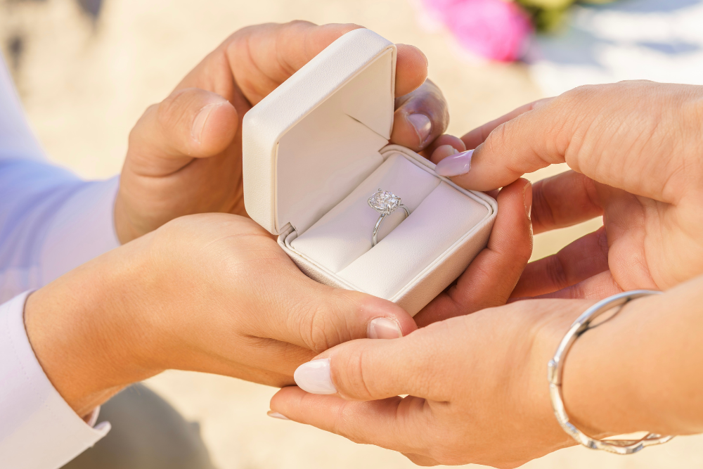 man proposing with ring in ring box