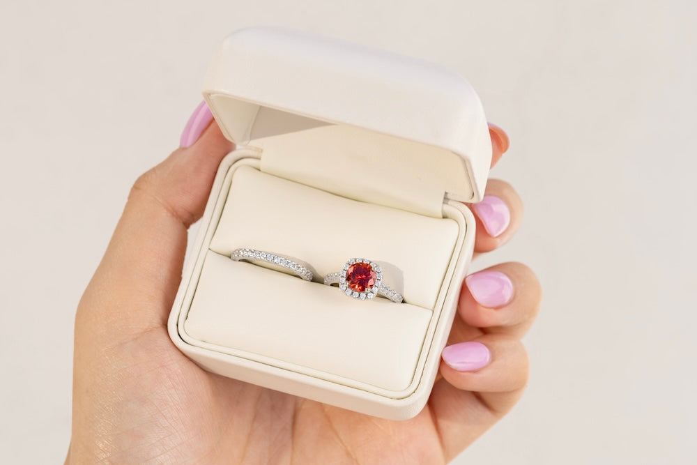 simulated ruby halo engagement ring