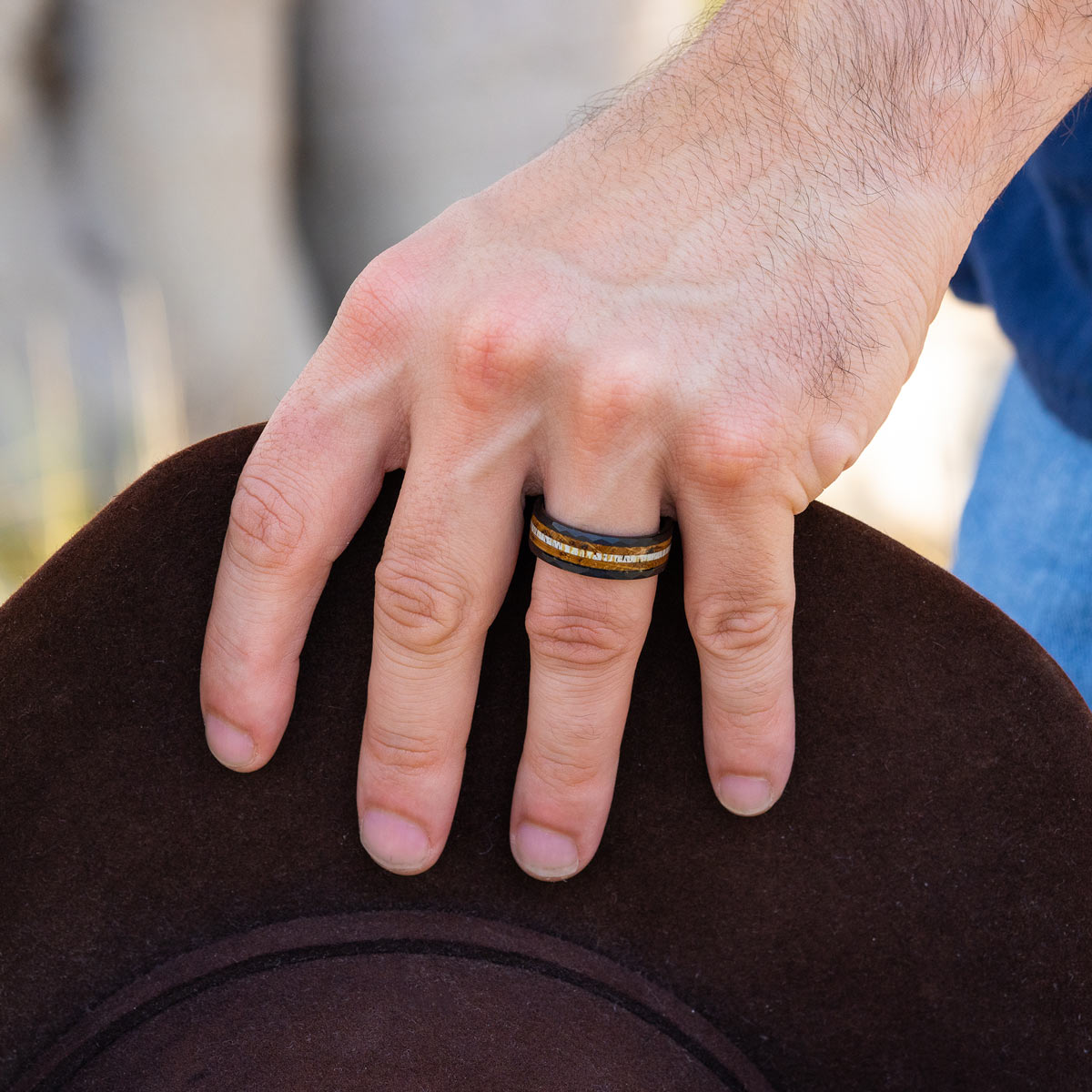 Men's Country The Lynchburg | Black Hammered Charred Whiskey Barrel Wedding Ring Size 14.5