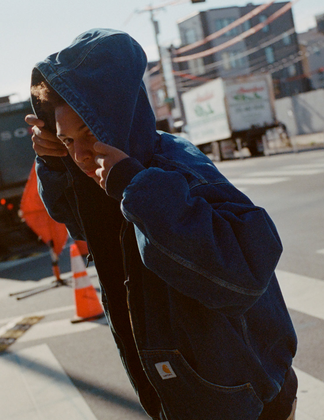 Model wearing an OG Active Jacket Denim in Blue Stone Wash