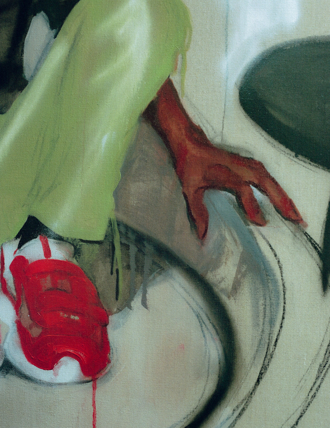 Painting of a leg wearing light green pants and red shoes.