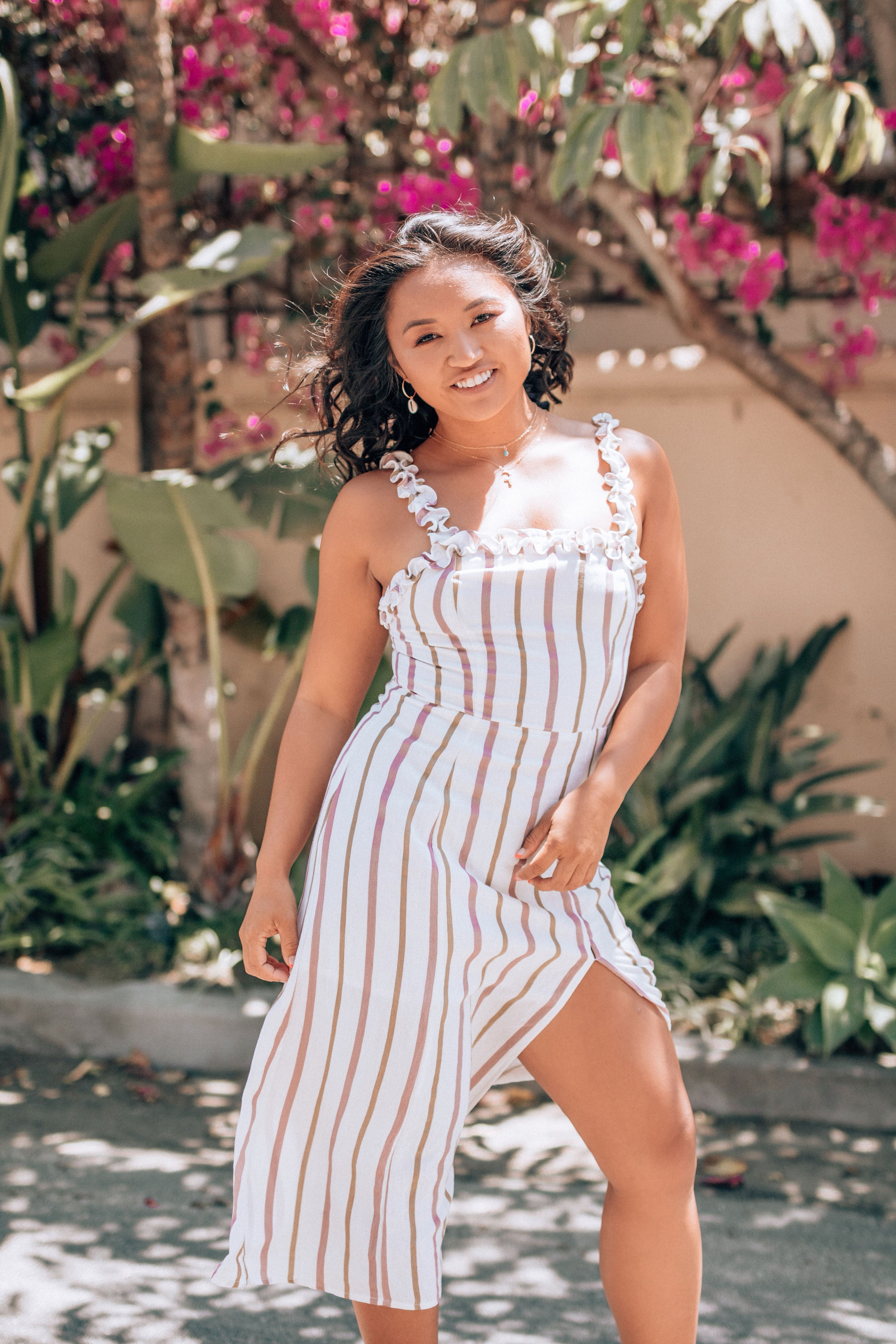 pink striped midi dress