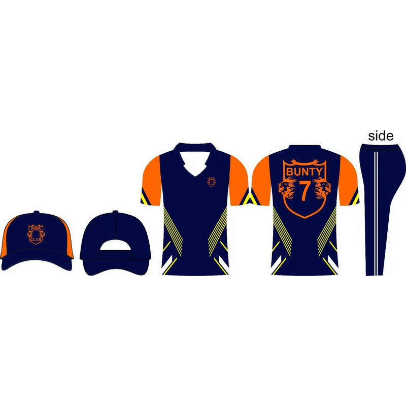 Cricket Custom Made Uniform Dark Navy Orange Jersey Trouser Cap 3 Piece ...