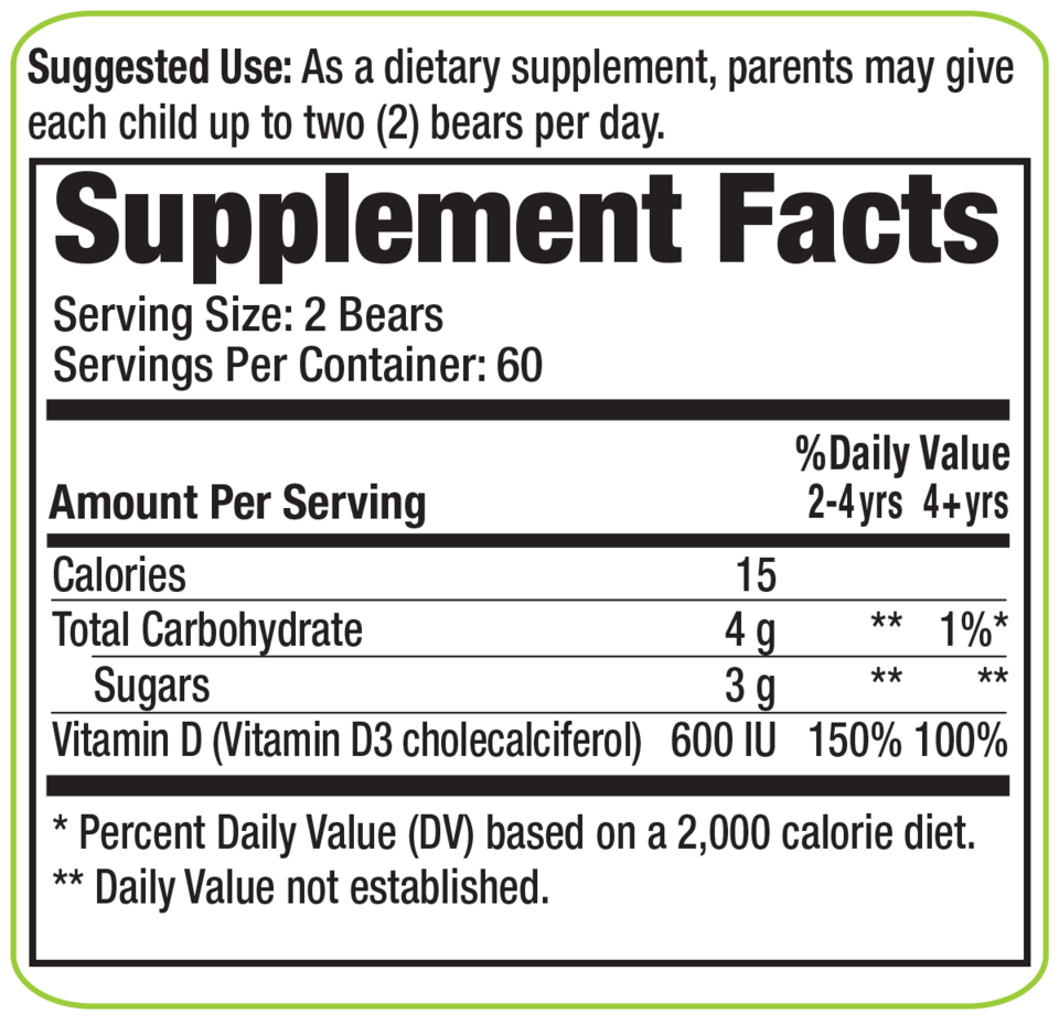 Yummi Bears Organics Vitamin D3 600 Iu For Kids 120 Gummies