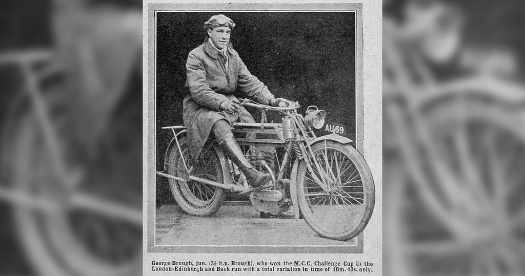 George Brough posing on top one of his first motorcycles after wining the the M.C.C. Challenge Cup.