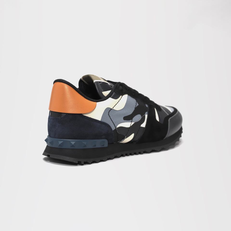 valentino black blue and orange camouflage rockrunner leather sneakers