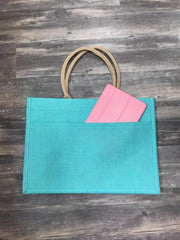 Jute Pocket Tote in Blue Available for Personalization at Sew Cute by Katie