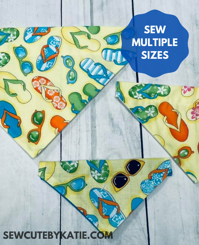 Multiple sizes of dog bandanas with fabric displaying colorful flip flops with a summery yellow background