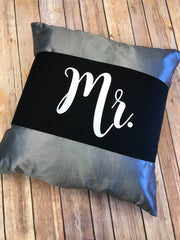 black pillow wrap with white vinyl lettering of Mr available at sew cute by katie