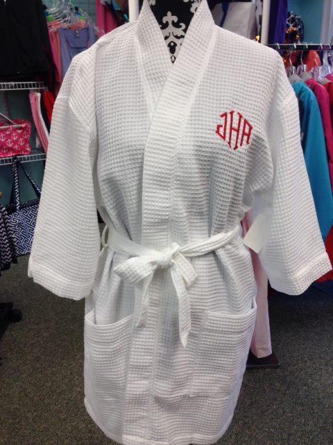 White waffle weave robe with monogram