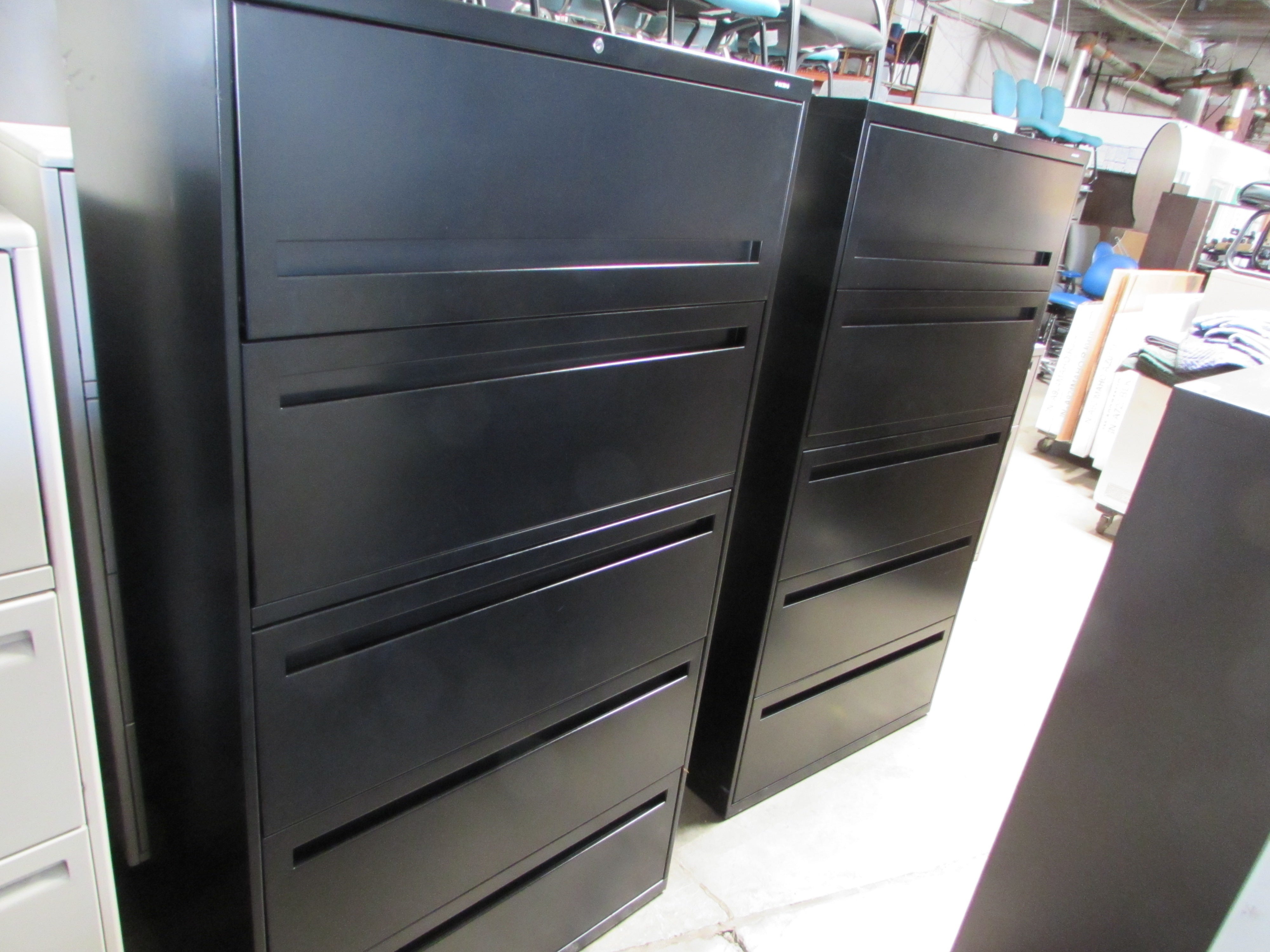 Pair Of Black Locking Hon 5 Drawer Lateral File Cabinets