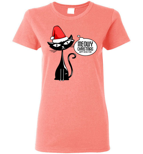 Funny Cat Women's T-shirt Meowy Christmas and Happy Meow Year S to 2XL-Vardise.com